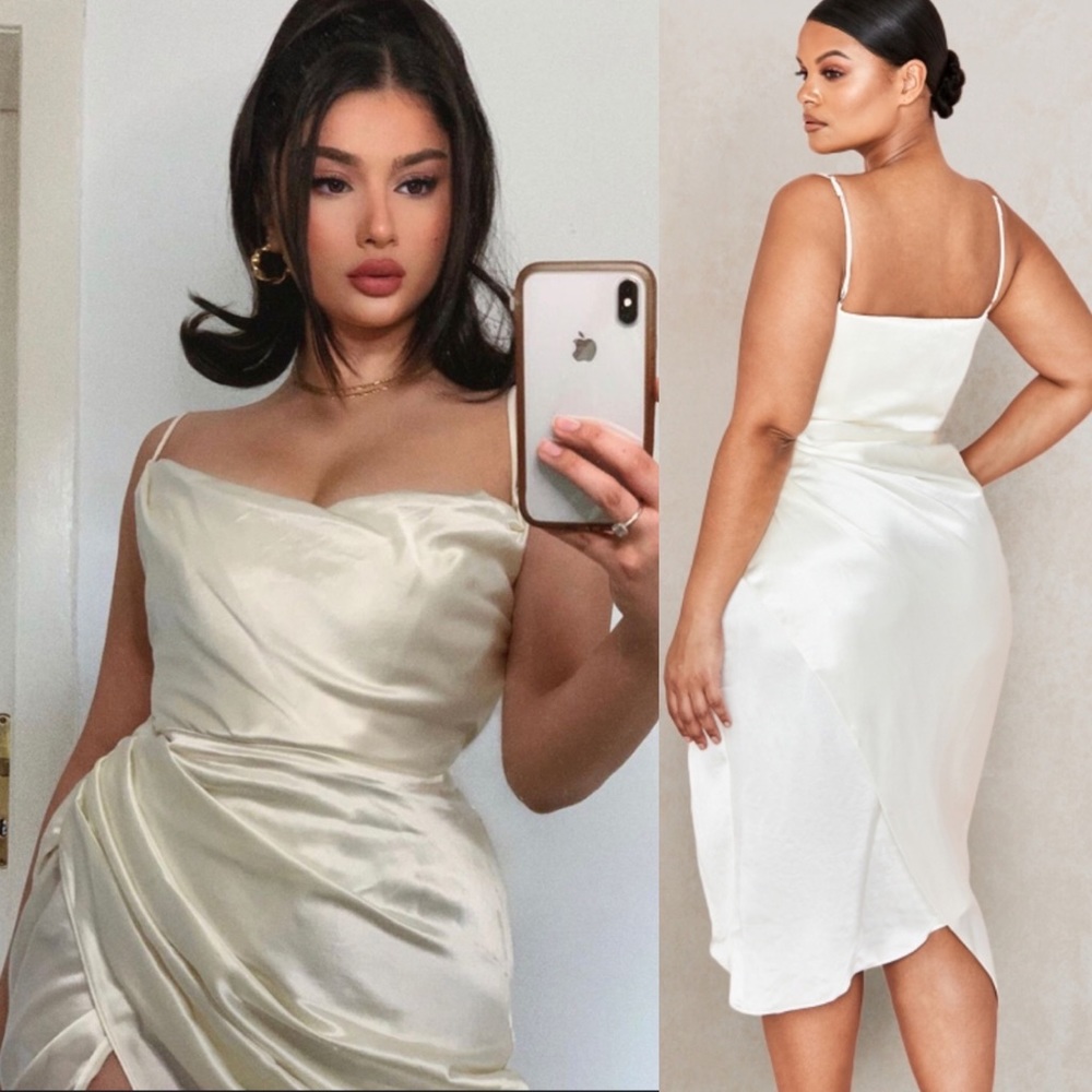 House of CB Reva Dress Ivory satin balcony corset midi dress Medium NWOT size L